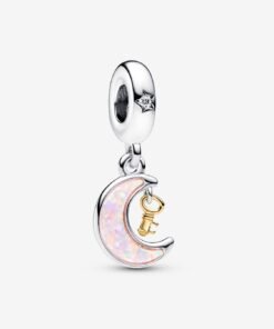 Two-tone Key & Moon Dangle Charm Sterling Silver