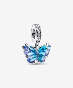 Blue Murano Glass Butterfly Dangle Charm Sterling Silver