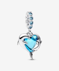 Blue Murano Glass Dolphins Dangle Charm Sterling Silver