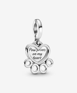 Hearts & Paw Print Dangle Charm Sterling Silver