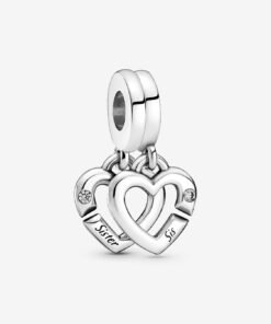 Linked Sister Hearts Split Dangle Charm Sterling Silver