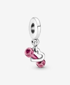 Dumbbell & Heart Dangle Charm Sterling Silver